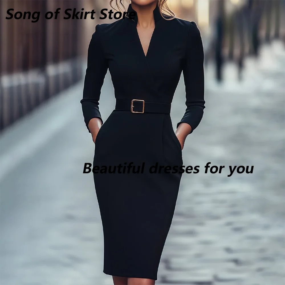 

Black Short Mermaid Mother of The Bride Dress Customized V-Neck Long-Sleeves Mermaid Simple Knee-Length Satin Formal Gowns