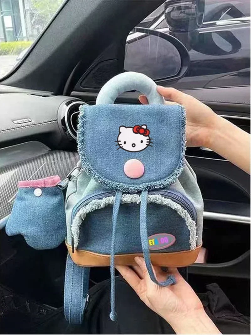 Sanrio feminino estudantes universitários y2k bolsa de ombro bonito bolsa de moedas olá kitty denim botão mochila nova escola