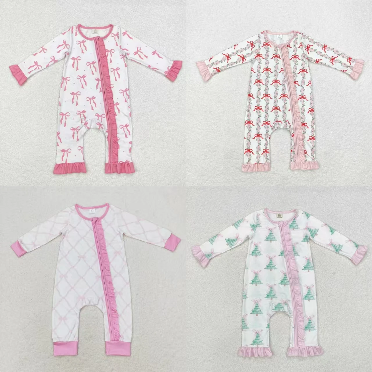 Wholesale Kids Bow One-piece Newborn Coverall Bodysuit Long Sleeves Zipper Ruffle Jumpsuit Toddler Baby Girl Christmas Romper