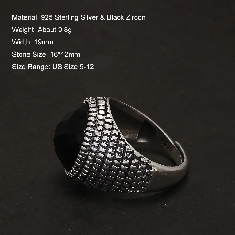 Real S925 Sterling Silver Turkish Ring for Men Cut Black Zircon Punk Retro Handmade Signet Rings Adjustable Motor Biker Jewelry