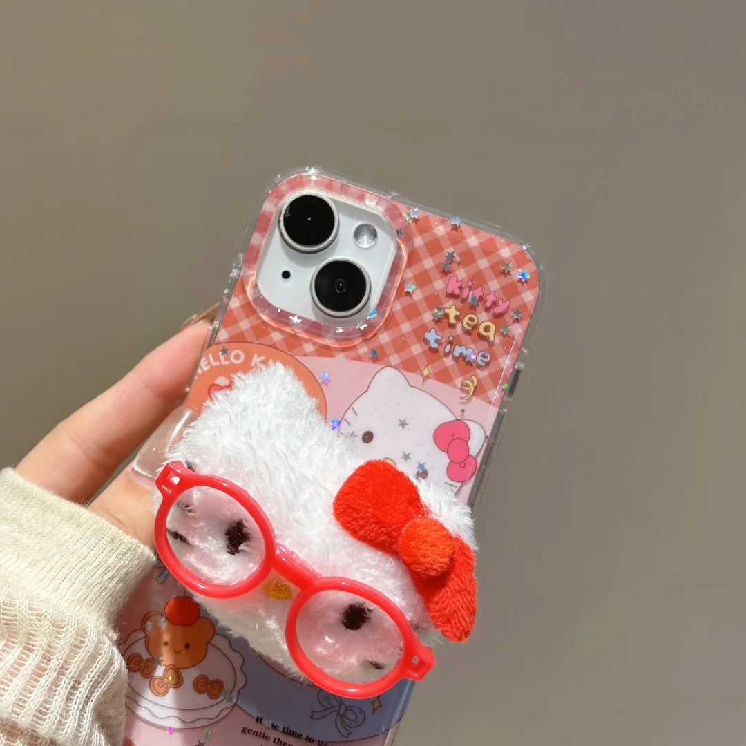 

Korean Cute Hello Kitty KT Plush Holder Stand Phone Case For iPhone 16 15 14 Pro Max 16 Pro Shockproof Protective Soft Cover﻿