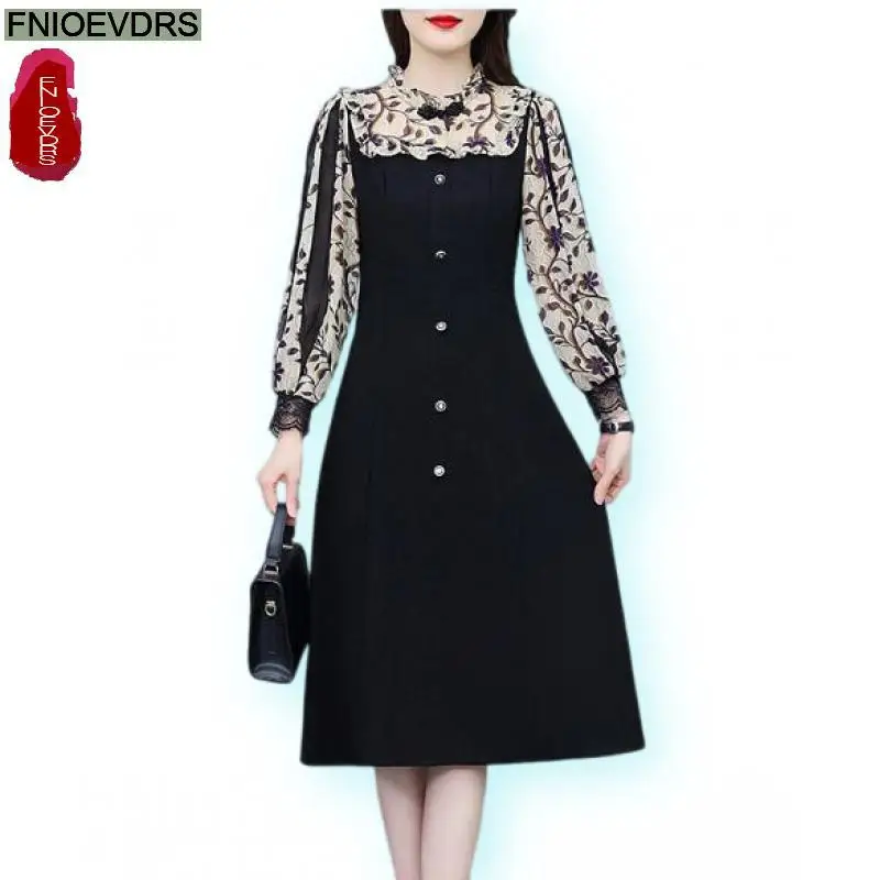 Fashion European Style Women 2024 Autumn Elegant Office Lady Bow Shirt Dresses Retro Vintage Ruffles Floral Print Long Dress