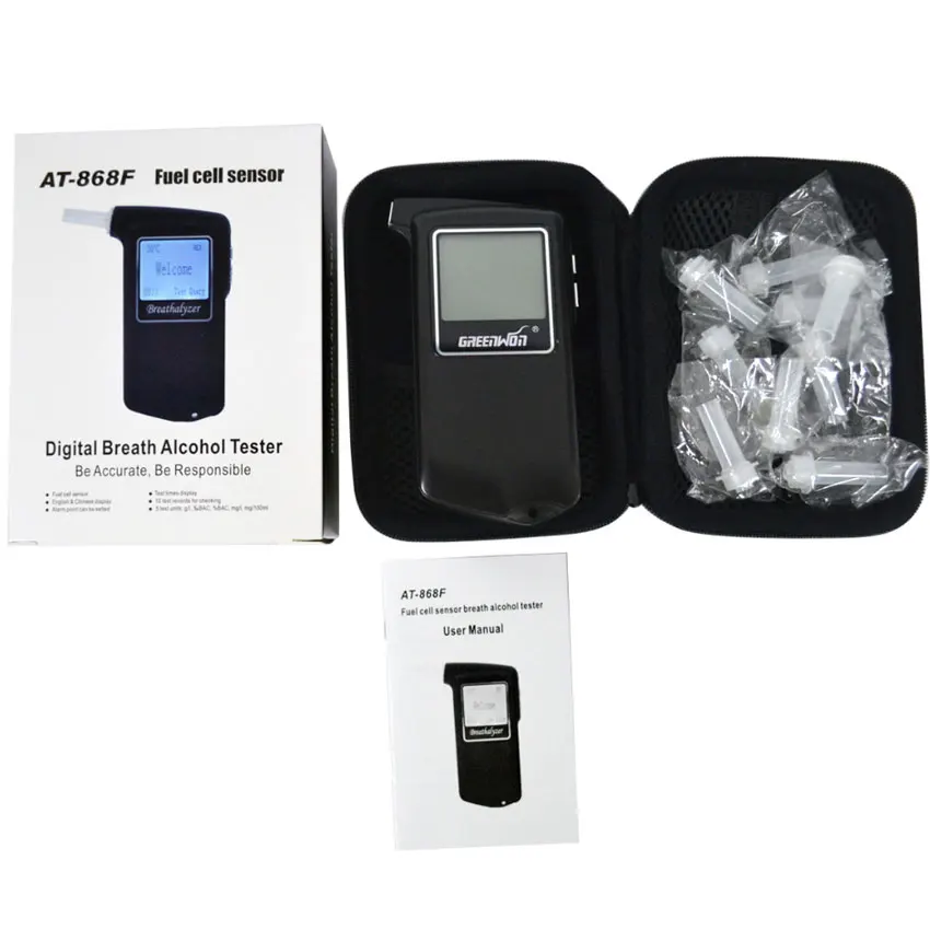 New Police Breathalyzer Big LCD High Accuracy Alcohol Tester AT868F Alcotest Digital Display Temperature with 10 Mouthpiece