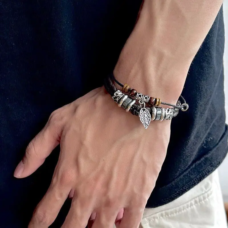 Chinese Style Distressed Lucky Double Layer Leaf Charm Bracelet Handwoven Adjustable Rope Bracelet For Men Blessing Fortune Good