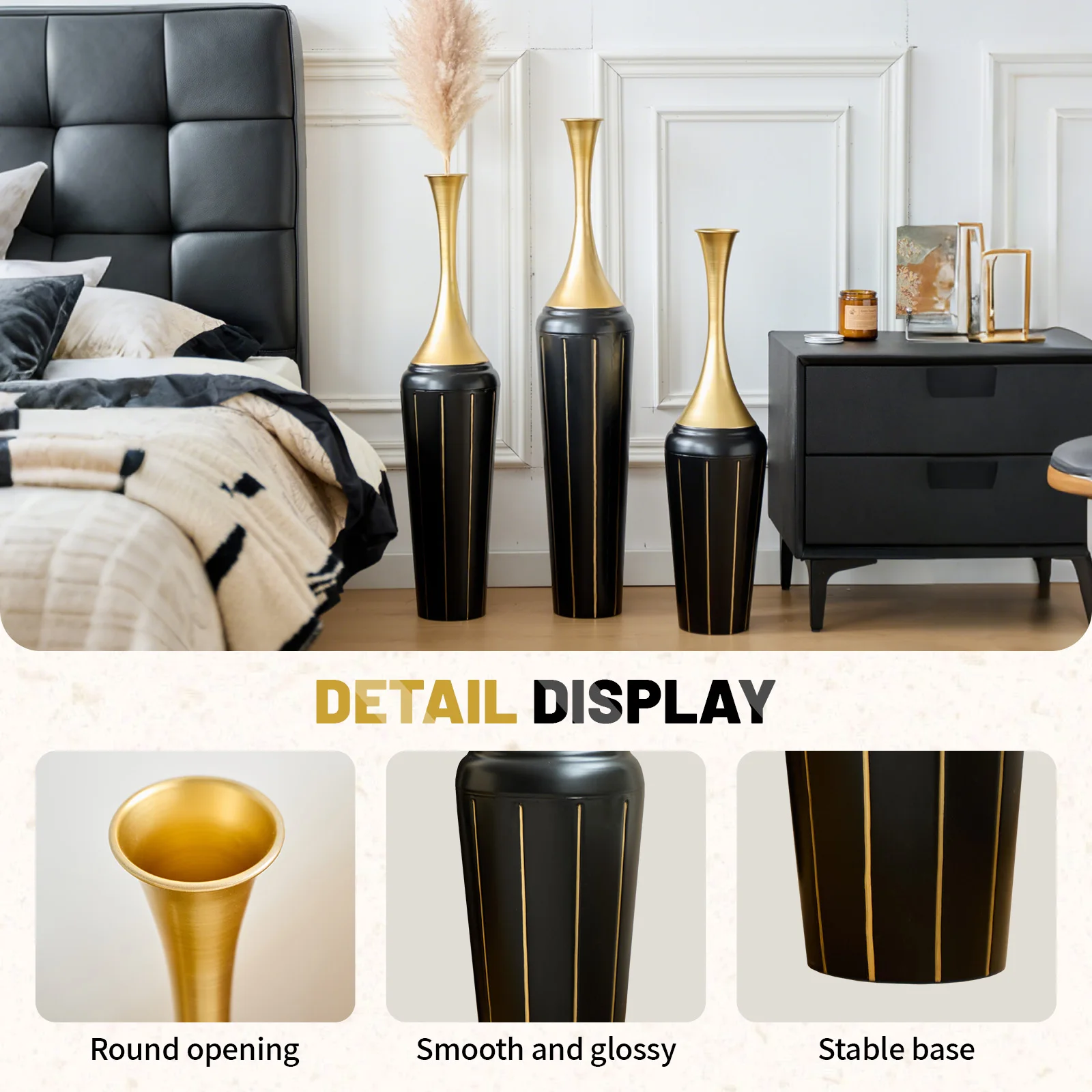 3-Piece Modern Floor Vase Set, Handcrafted Metal, 27.56
