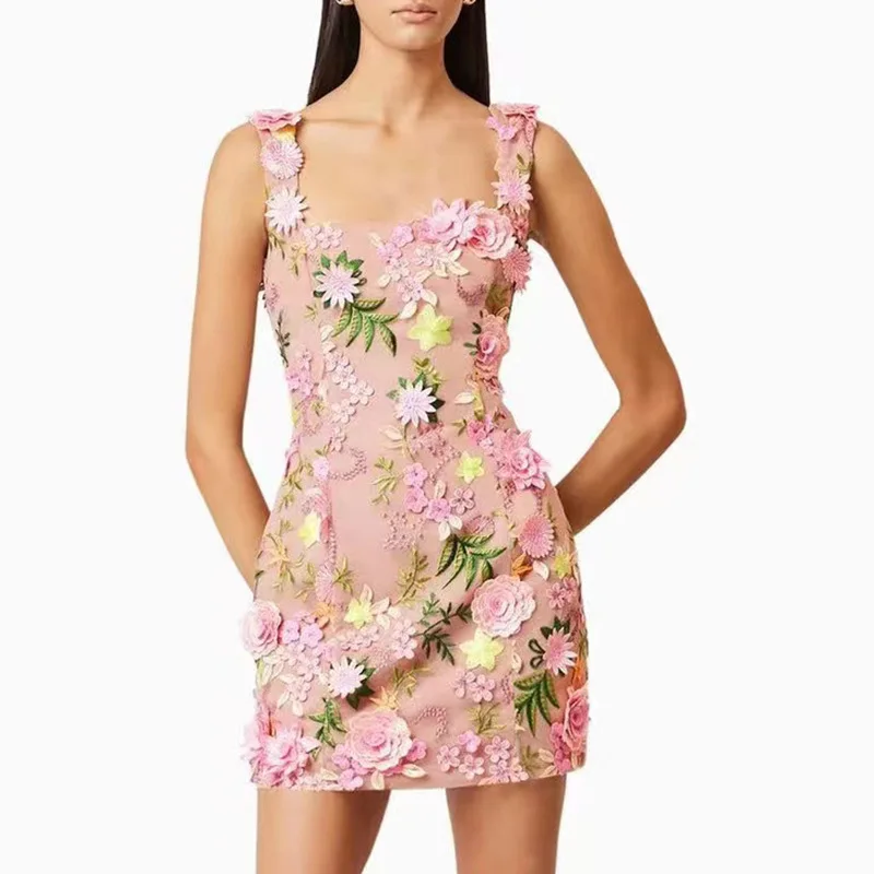 

French Fashion Pastoral Style Short Skirt 2025 New Three-dimensional Flower Collage Embroidery Suspender Dress Female