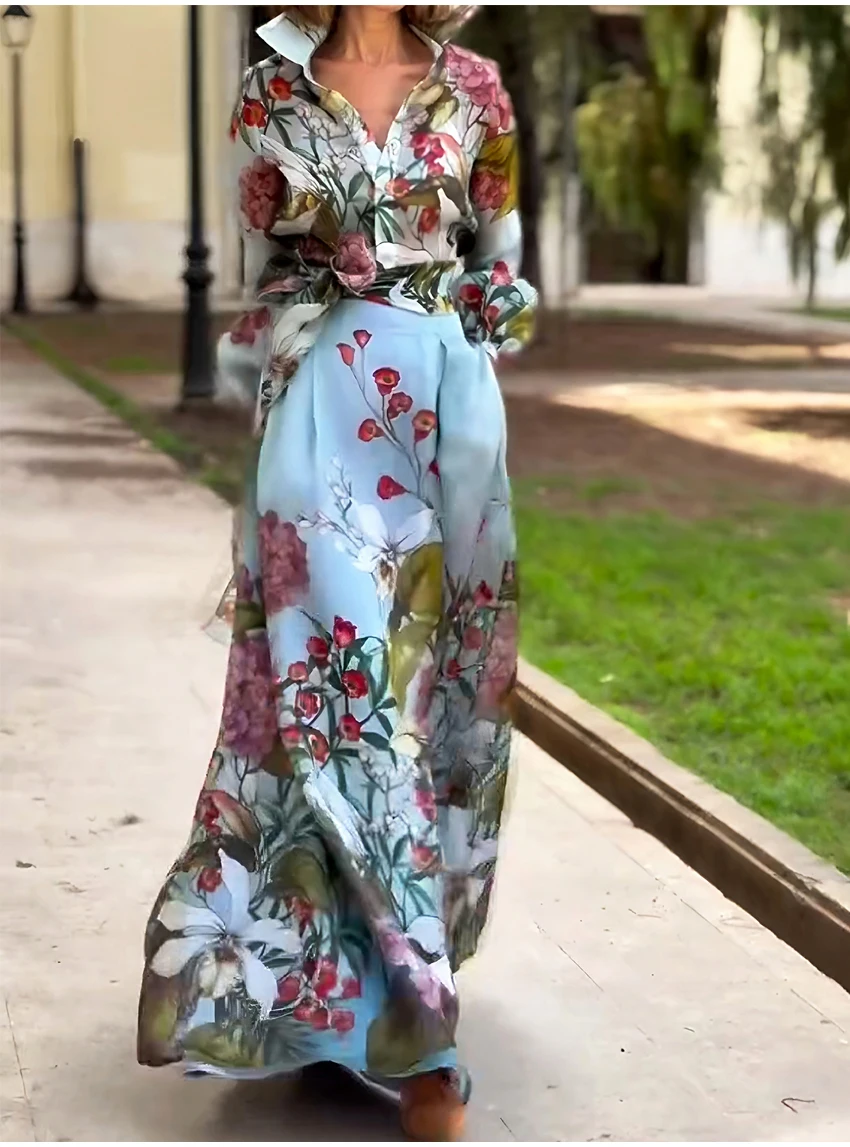 

2025 Spring Floral Print Women's Two Pieces Set Long Sleeve Shirts & High Waist Long Skirt Suits Female Chic Elegant Skirts Set