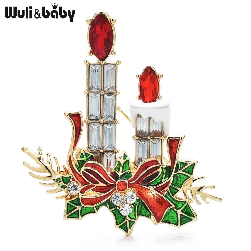 Wuli&baby Charming Candles Brooches For Women Rhinestone Enamel Light New Year Christmas Brooch Pins Gifts