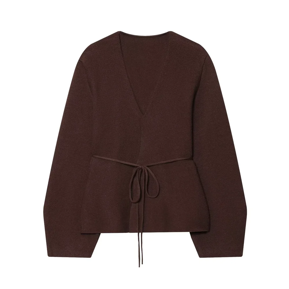 

Autumn new women's cardigan with belt V-neck long sleeved knitted jacket