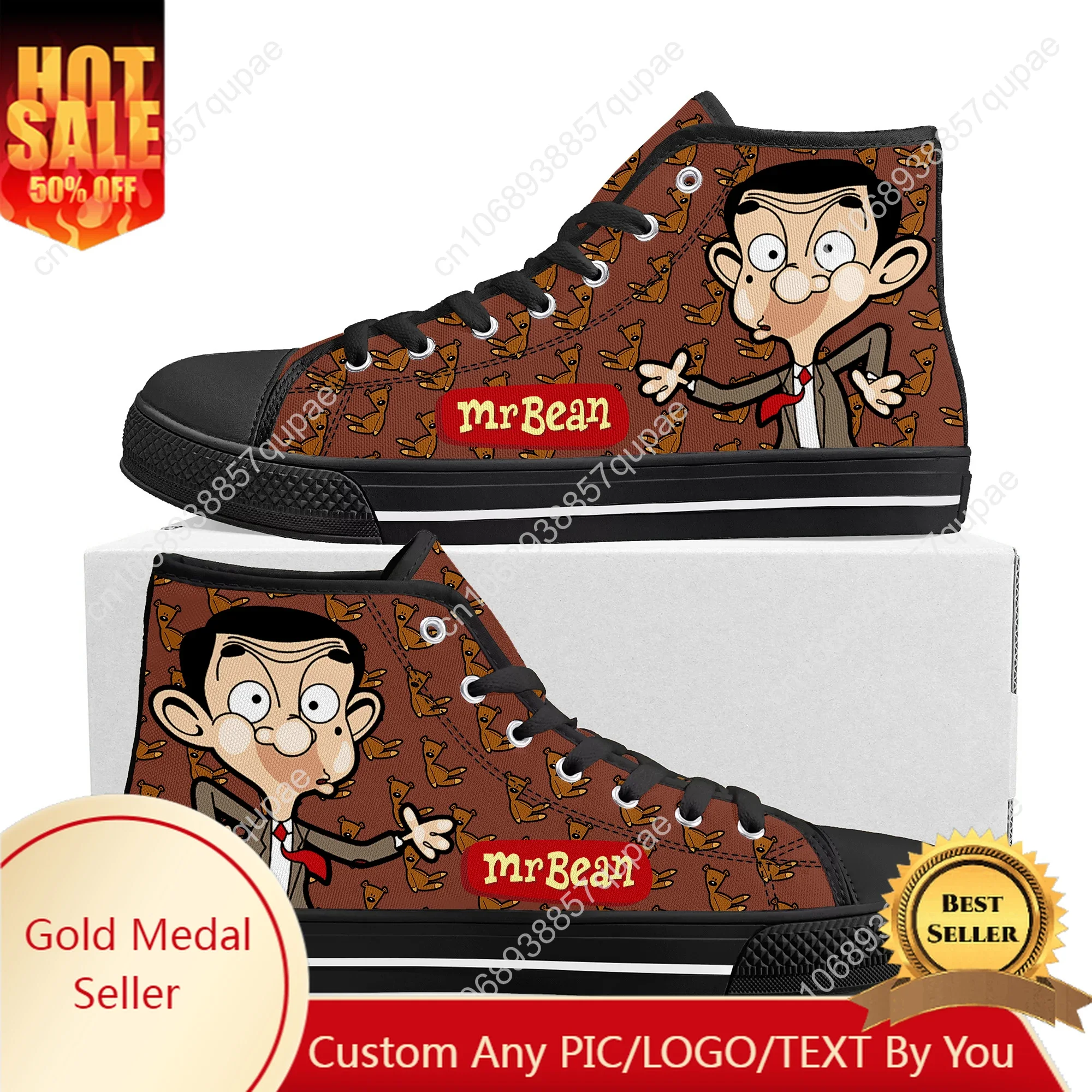 Mr Bean Cartoon Anime High Top High Quality Sneaker Men Women Teenager Canvas Sneaker Casual Custom Made Shoe Customize DIY Shoe