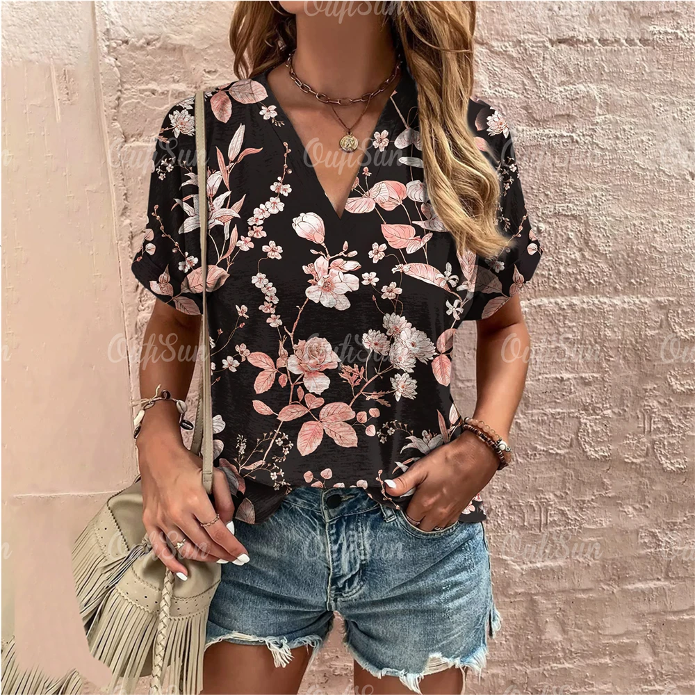 Short Sleeve V Neck Tshirt Women\'s Fashions Loose Plus Size Clothing Crushed Flower Casual T Shirts Streetwear Casual Woman Tops