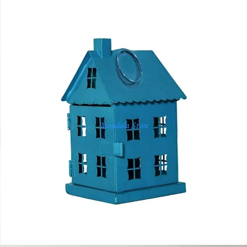 

U2JC Farmhouses Blue Metal Hollowout Ice House Tealight Holder for Hanging or Indoor Tabletop Shelf Decoration