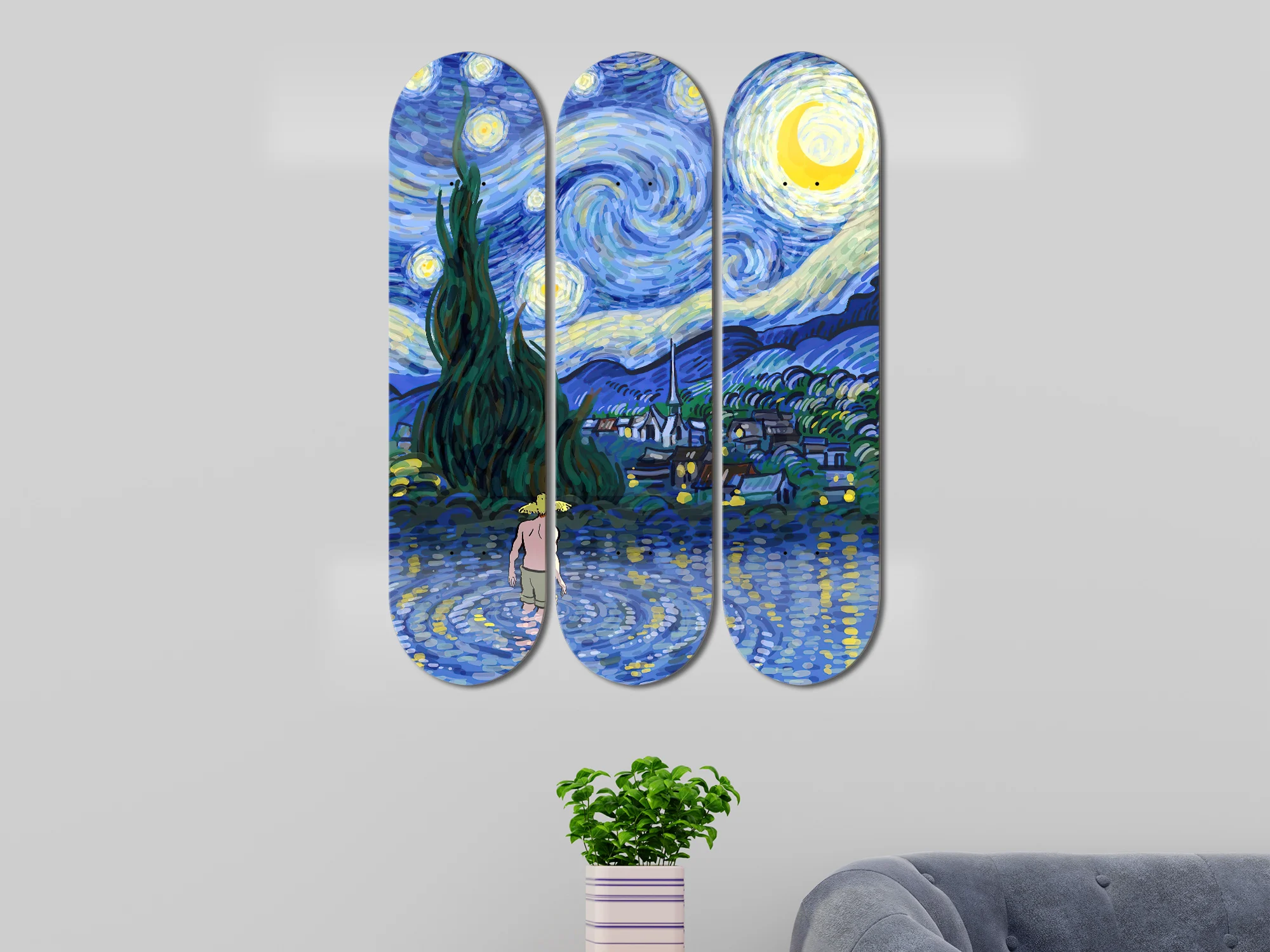 Creative Starry Night Skate Deck Wall Art, Van Gogh Art Man Walking in Lake 3 Panel Skateboard Wall Decor