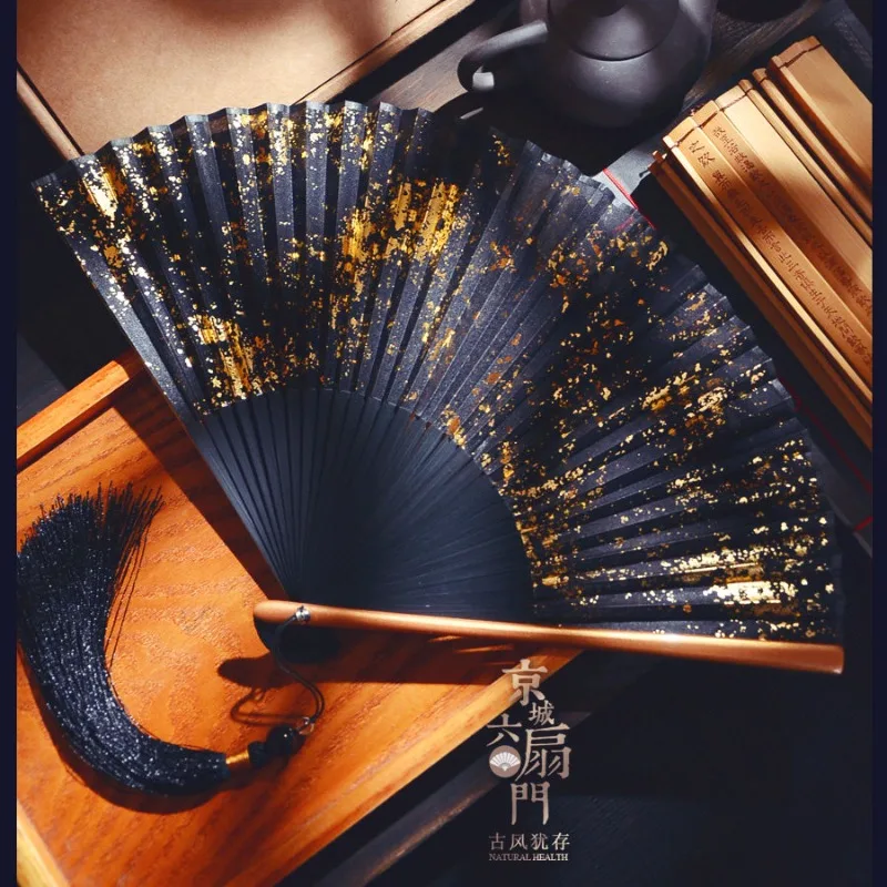 Gold Sprinkled Silk Folding Fan 6 Inch Pocket Size Sino Japanese Style Classic Handheld Decor for Ladies Daily Wear