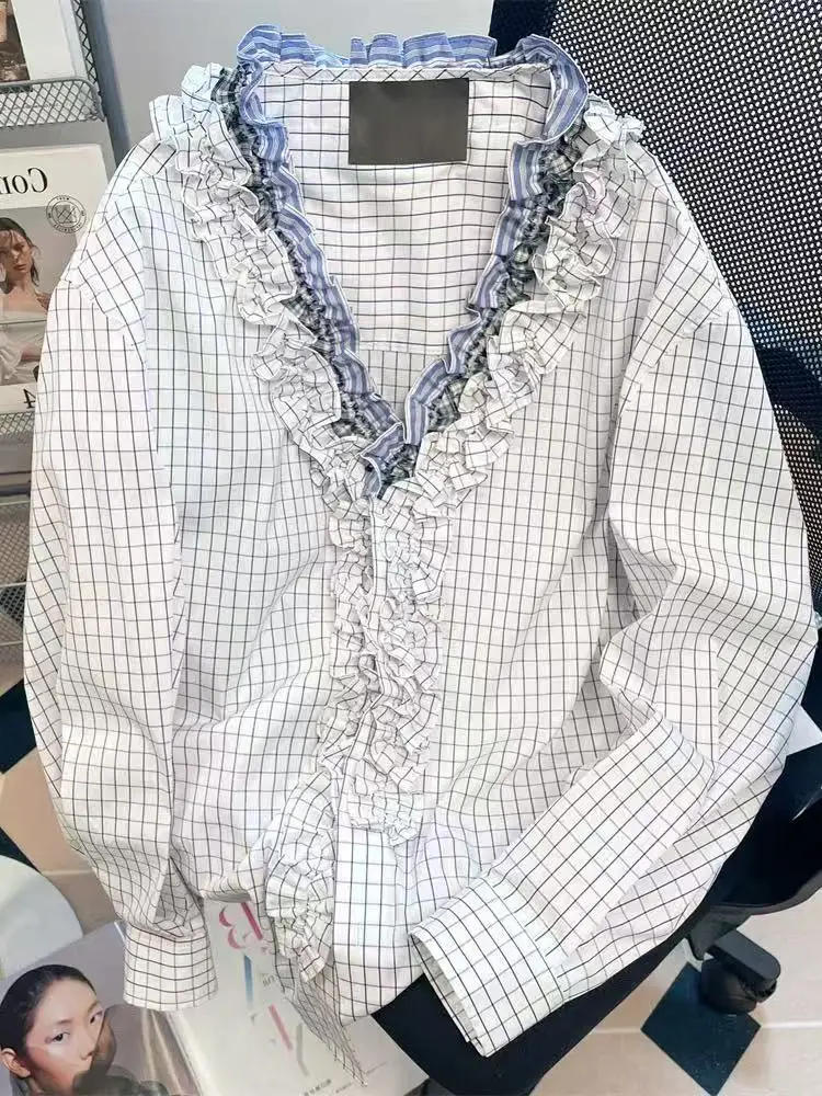 Korean fungus edge plaid v-neck long-sleeved shirt women's spring and autumn new niche design sense loose super good-looking top