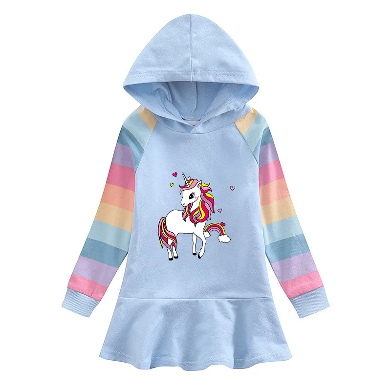 

2024 New Quality Cotton Girls Dress Clothing for Children Pink Long Sleeve Kids Blue Unicorn Fashion Clothes Hooded 2-8Y