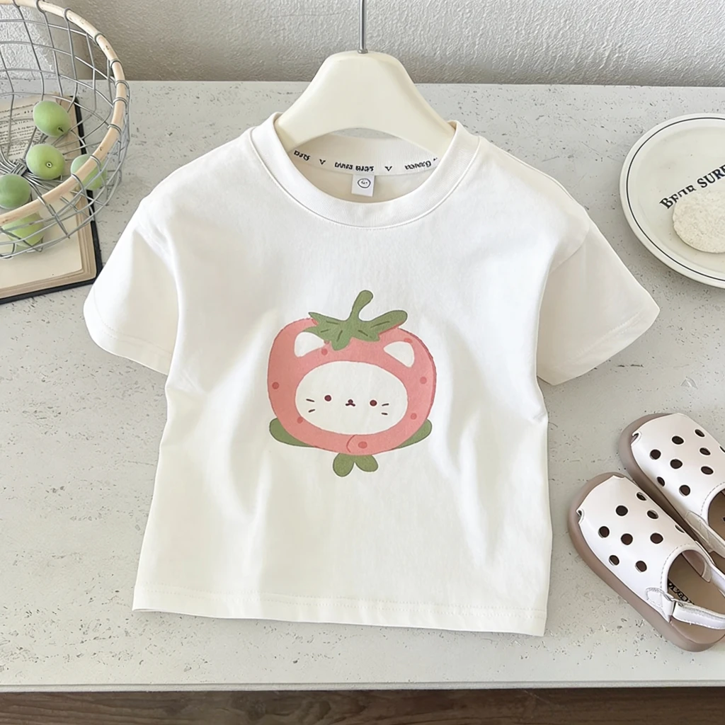 Kids Cute Fruit Animal Print Short Sleeve T Shirt Summer Casual Cotton Tee For Boys And Girls Adorable Strawberry Cat Print Wear