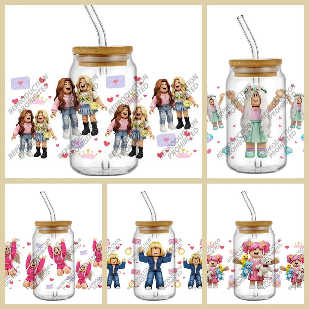 

New Building Block Figures Girl Decal for Libbey Glasses 16oz UV DTF Cup Wrap 3D Phone Transfer Stickers Cartoon DIY Waterproof
