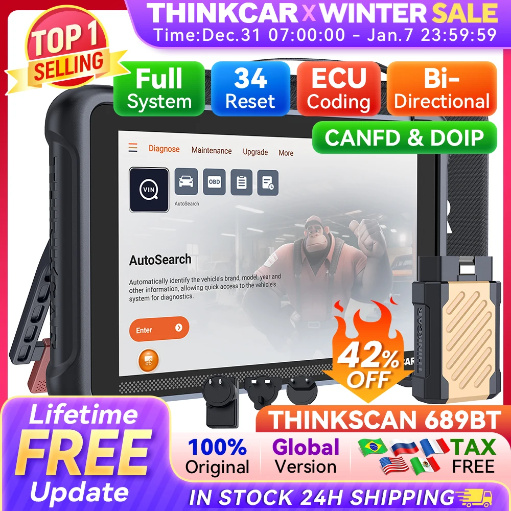 THINKCAR THINKSCAN 689BT Professional Car Diagnostic Tool CANFD DOIP Bi-directional ECU Coding 34 Reset Full System Obd2 Scanner