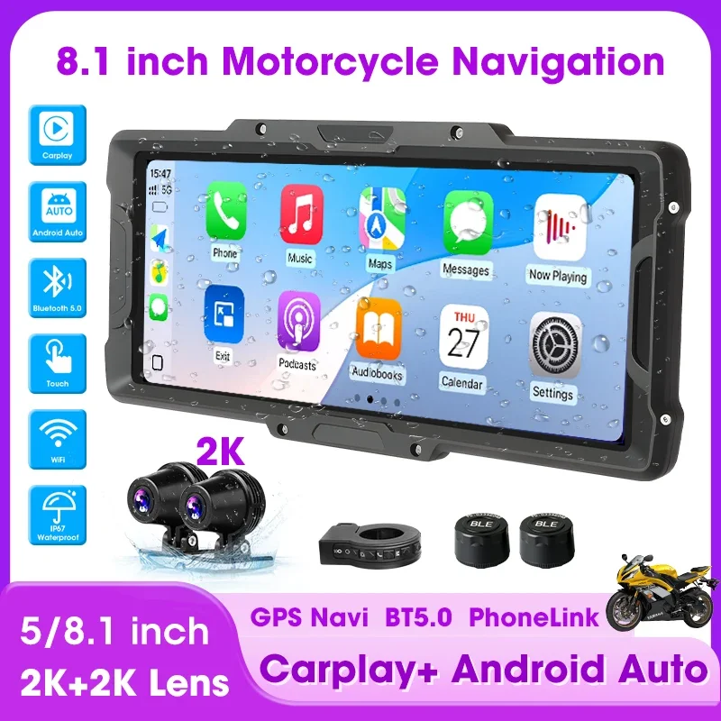 

Vtopek Portable 8.1 inch Carplay Motorcycle GPS Navigation 2K Moto DVR Wireless CarPlay Android Auto Display Screen BT Monitor
