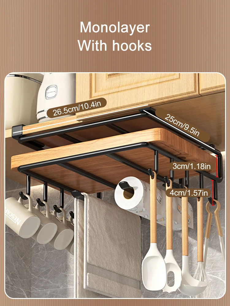 Kitchen Hanging Organizer Rack with Hooks Under Cupboard Paper Towel Rags Hanger Cutting Board Pot Cover Holder Storage Shelf