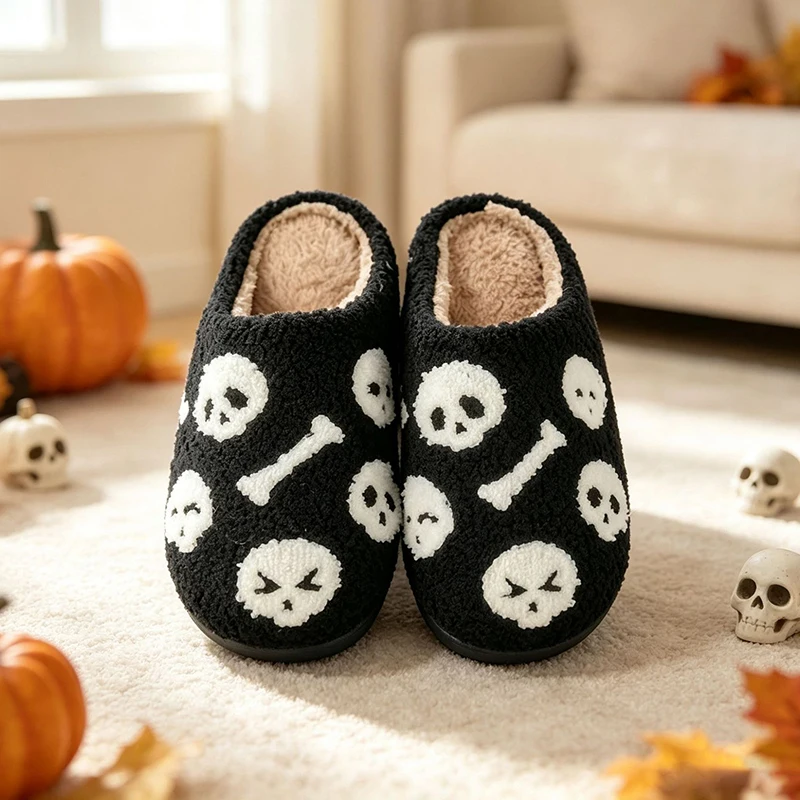 Halloween Fluffy Women Slippers Home Winter Plush Cartoon Spider Pumpkin Designer Shoes Girl Indoor Fuzzy Fur Slides Unisex Soft