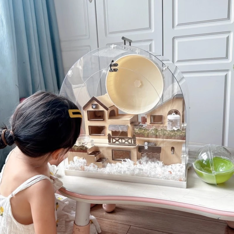 

‌Hamster Mansion for Syrian, Chew-Proof Acrylic Tank with 360° View, 2-Tier Foldable Habitat, Modular Cage with Exercise Wheel