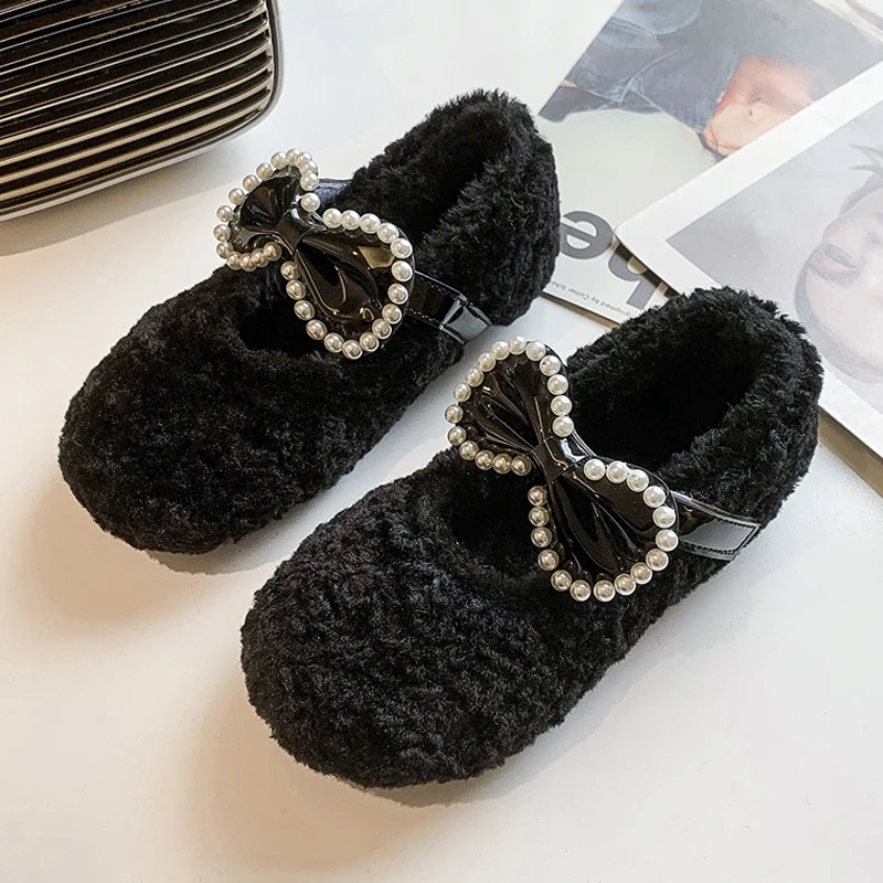 Red Teddy Fur ballerine Kid Girl Warm Thick Plush Mary Janes Child Winter Fluffy Party Princess Shoes con Pearl Bowknot