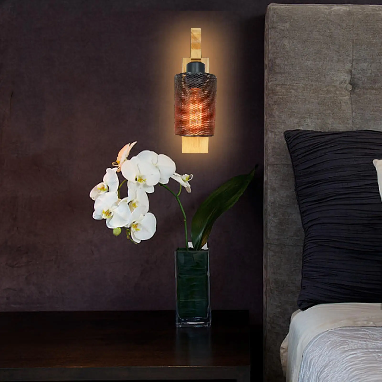 Rustic Wooden Wall Sconce, Black Cage Wall Sconces, with E26 E27 Base Wall
