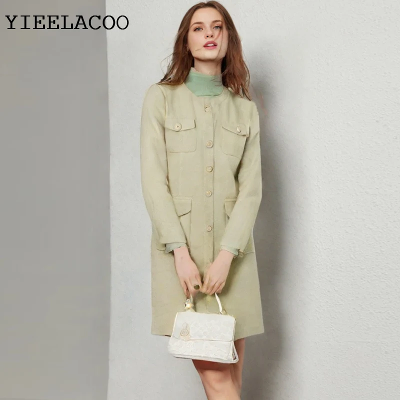 

Khaki Dress Women's Knee-length Spring /Autumn bright wire braided one-piece classic Ladies long sleeves Dress