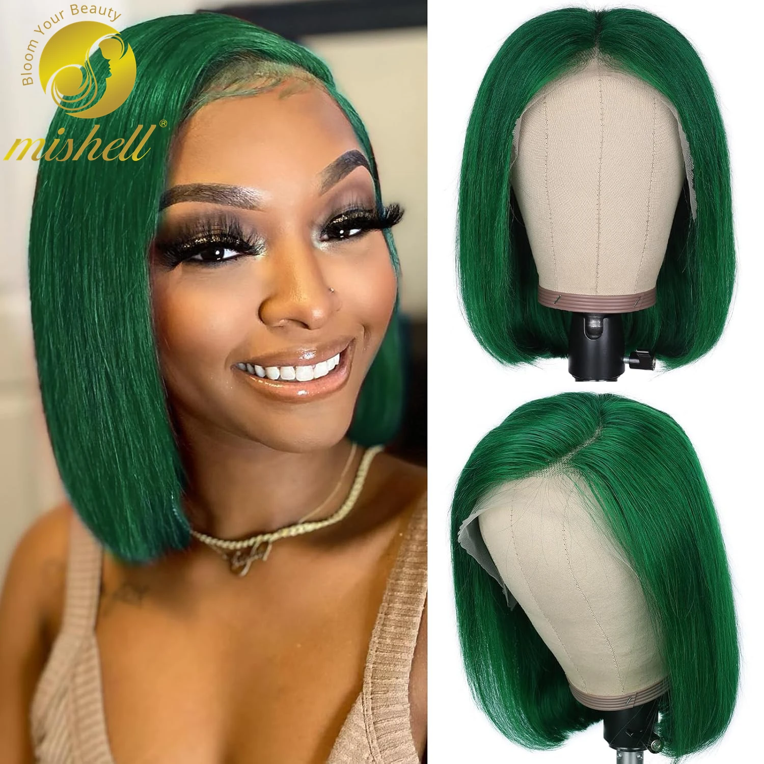 

200% Density Short Straight Dark Green Bob Wig Human Hair 13x4 Transparent Lace Front Wig Pre Plucked with Baby Hair for Women