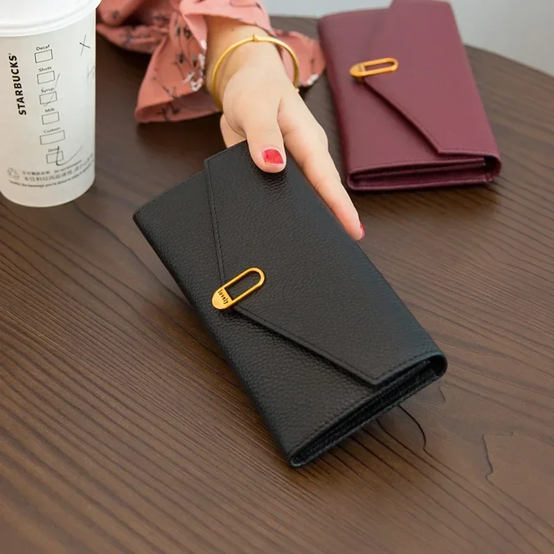 Women Long Genuine Cow Leather Wallets Thin Soft Real Leather Cellphone Card Holder Solid Money Clip Purse 8Z