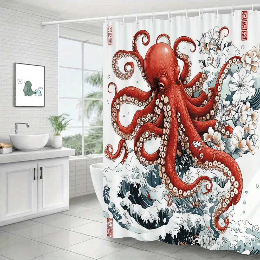 Ukiyo-e Octopus Shower Curtain – Red Tentacles, Hokusai Waves & Sakura, 2D Flat, 12 Hooks, 70.8×70.8 in, Polyester