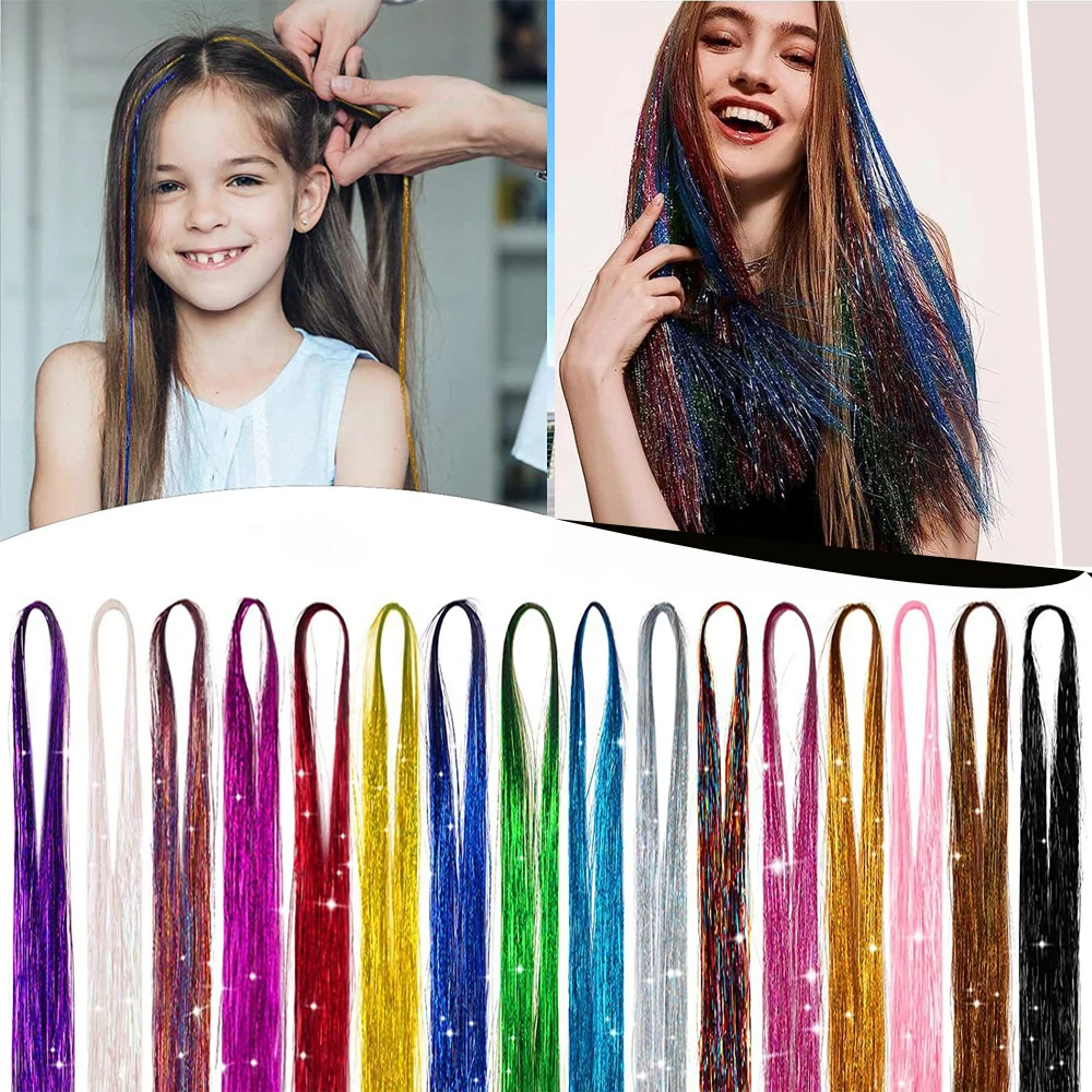 47inch Shiny Sparkle Hair Tinsel Kit Rainbow Women Colorful Glitter Bling Hair Extension Twinkle Hair Dazzles Accessories for