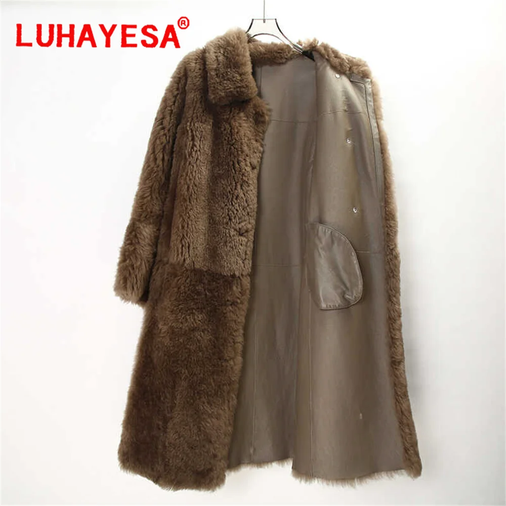 2024 Mosna Lamb Fur Shearling Clothes Women Long Brown Winter Real Fur Overcoat