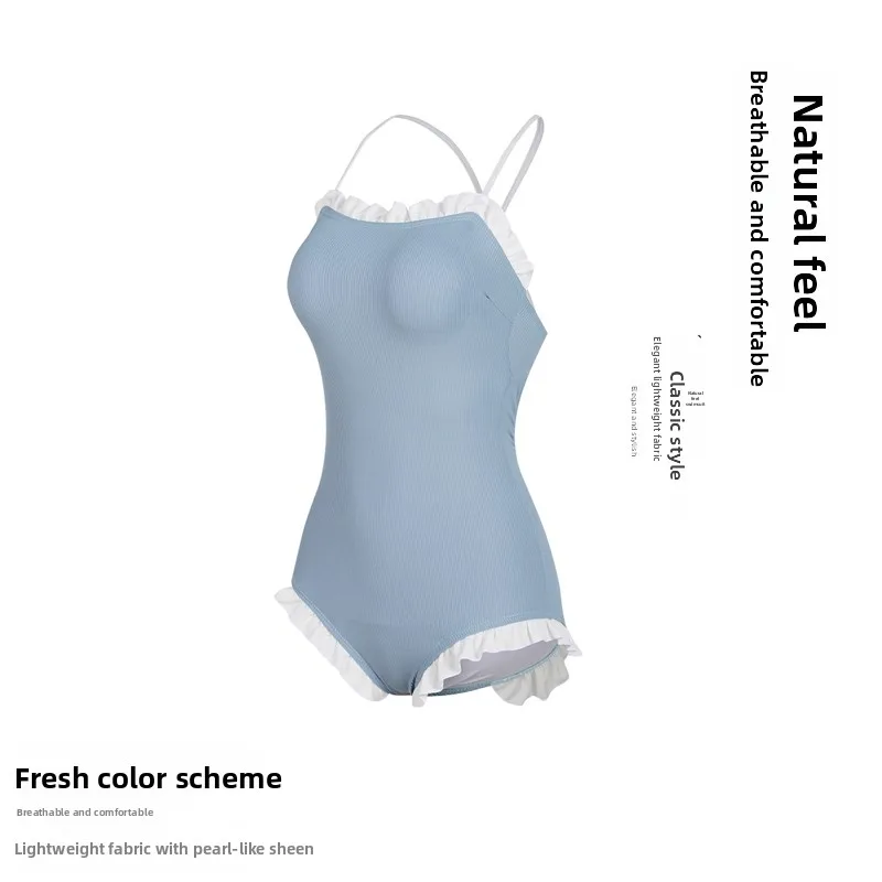 

Sweet Sexy Pure Desire Student Girl One-Piece Swimsuit with Lace Trim Small Chest Casual Swimwear Fixed Chest Pad No Sve