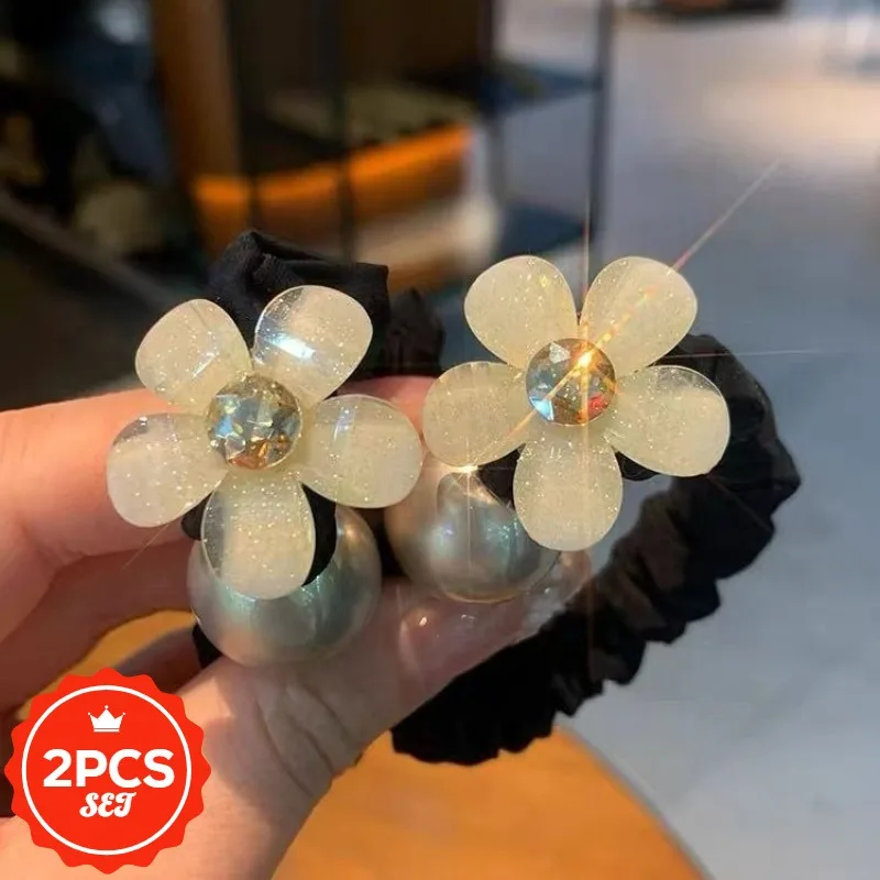 

2Pcs/set Glitter Hair Ties with Shining Flower - High Elastic Shiny Hair Bands for Women, Elegant Ponytail Hair Rope Holders
