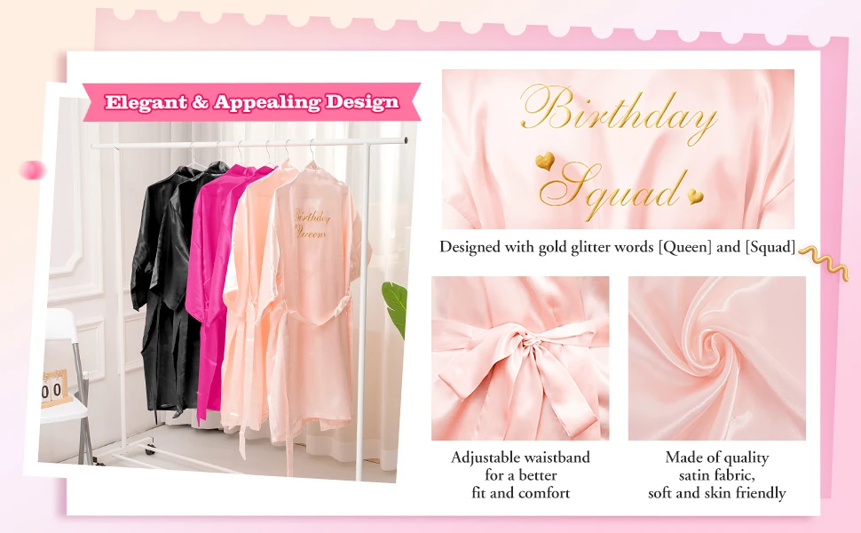 6 Pcs Women's Birthday Squad Robes Birthday Party Queen Spa Bathrobe Kimono Spa Robe Sleepover Party Robes Silky Gown
