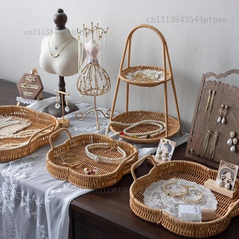 Imitation Rattan Jewelry Storage Tray, Earrings and Necklace Display Tray, Jewelry Photo Props
