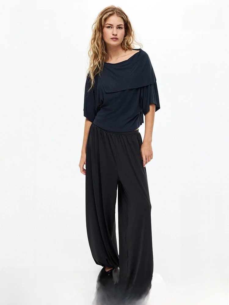 

Женская футболка H&M, летняя новинка, с дизайнерским вырезом на плечах, свободного кроя, без рукавов, с эффектом высокой эластичности, стандартный крой, смесь вискозы и спандекса