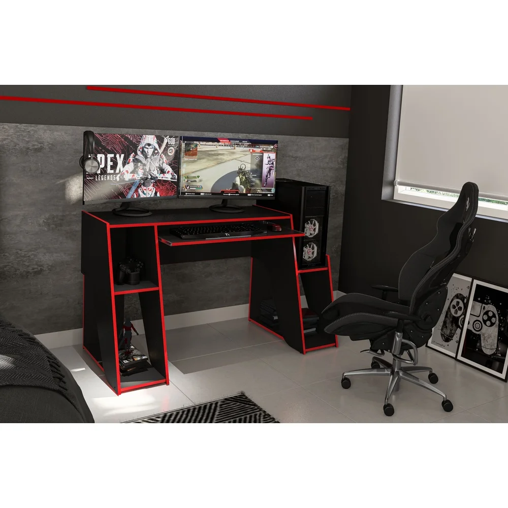 Gaming Computer Desk with Keyboard Tray Shelves Multi Monitor Setup Cable Management Features Durable Engineered Wood