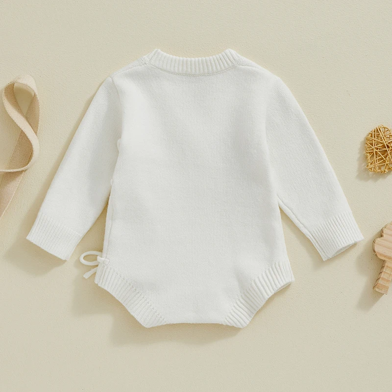 Suefunskry Baby Girls Boys Sweater Romper Letter Embroidery Tie up Long Sleeve Jumpsuit for Newborn Infant Toddler Cute Clothes