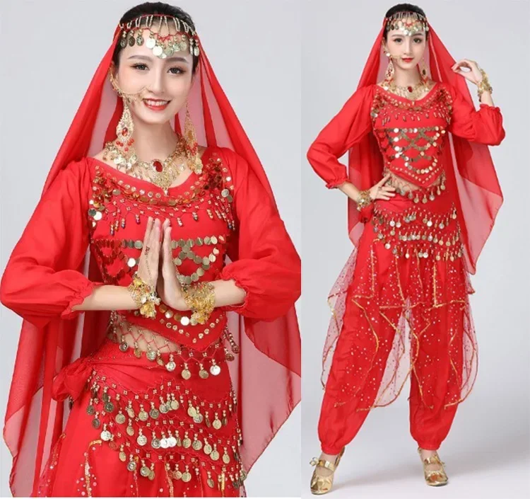 Conjunto de 4 trajes de danza del vientre para mujer, traje de danza del vientre de Egipto Oriental, trajes de Bollywood, ropa de escenario de danza del vientre India