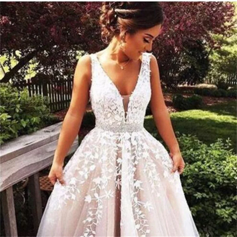 2023 White Wedding Dress Custom-Made Plus Size Bridal Deep V Neck Open Back