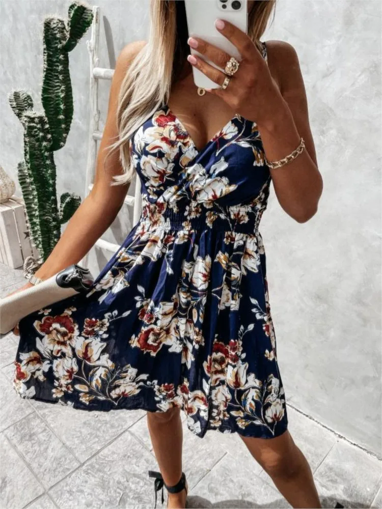 

2024 Summer Fashion Short Boho Dress Women Mini Floral Print Dress Female Sleeveless Sexy Sling Waist Beach Party Dresses Robe