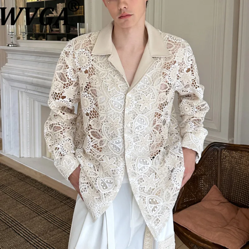 WVGA Springsummer New Men Tide Niche High-End Design Lace Hollow Out Long Sleeve Shirts Chic Casual Turn-Down Collar Tops W17981