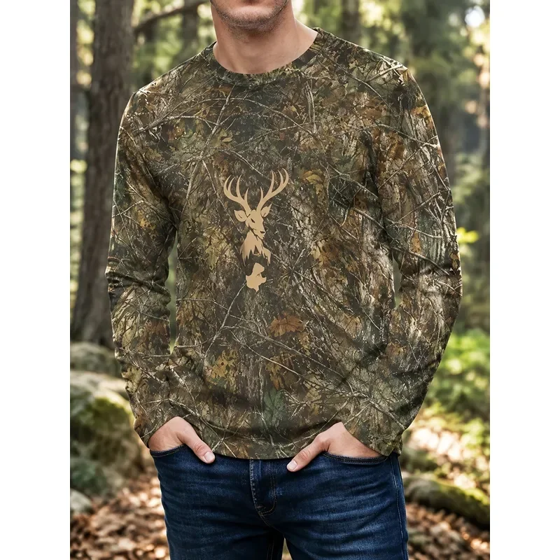 3D Printed Casual Long Sleeve Men's T-Shirt 2026 Deer Head Camouflage Crew Neck Polyester Outdoor Leisure Travel Weekend Wear
