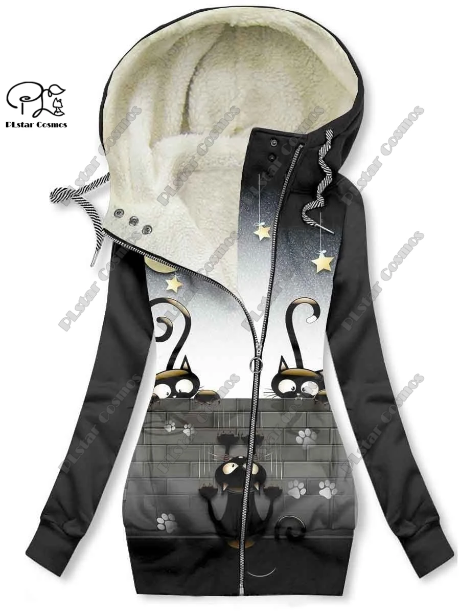 New 3D printing retro series floral and animal patterns plus velvet and warm women's long zipper sweatshirt casual winter L-19