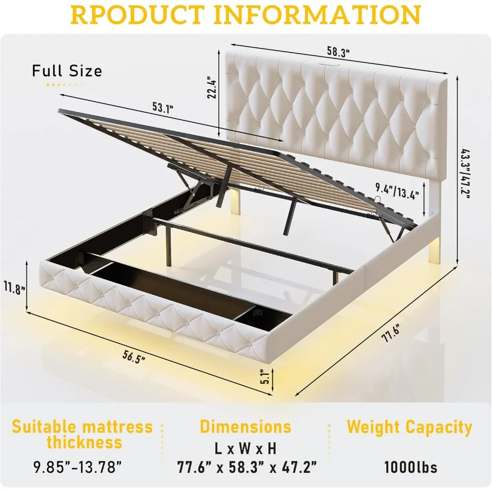 Lift Up Storage Bed Frame Full Size Floating Bed Frame with Adjustable Headboard/LED Lights/Charging Station/Outlet,Velvet