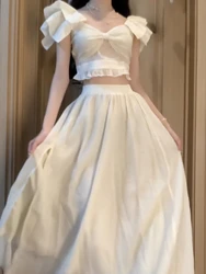 Bow Korean Fashion Two Piece Set Women Ruffles French Vintage Long Skirts Suit Female Off Shoulder Blouse + Designe Skirt 2023